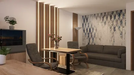 Salon w stylu eklektycznym z minimalistycznymi i tradycyjnymi elementami.