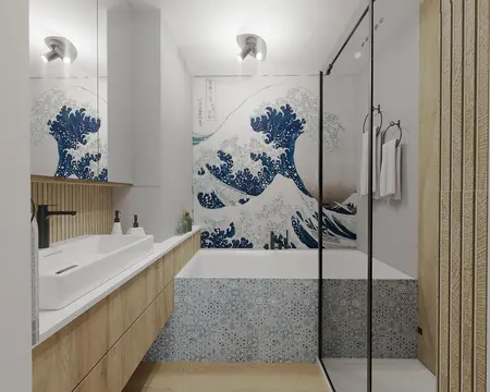 Nowoczesna łazienka z drewnianymi akcentami i niebieską tapetą w stylu dopamine decor.