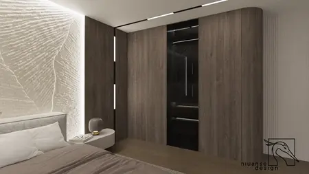 Sypialnia z drewnianą ścianą i czarnymi akcentami, nowoczesny design
