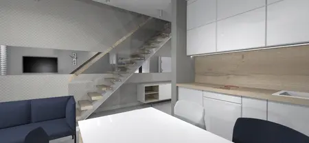 Nowoczesne wnętrze z białą kuchnią i schodami w stylu industrialnym, japandi i minimalistycznym.