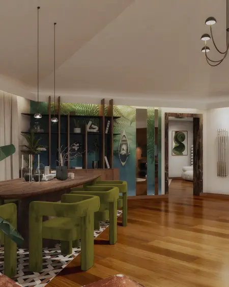 Wnętrze jadalni w stylu art deco z zielonymi krzesłami i drewnianym stołem.