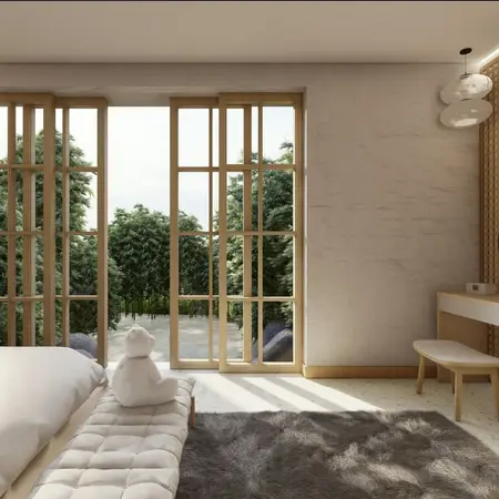 Wnętrze sypialni w stylu japandi z drewnianymi detalami i minimalistycznym wystrojem.