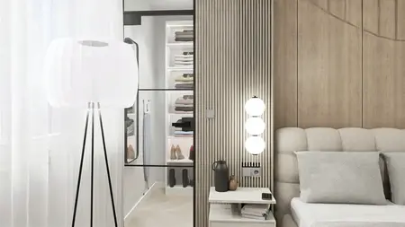 Minimalistyczna sypialnia z jasnym łóżkiem, drewnianą ścianą i nowoczesnym oświetleniem.