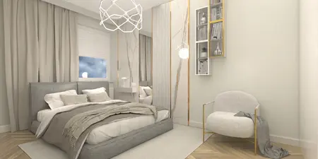 Sypialnia z szarym łóżkiem, beżowymi zasłonami i nowoczesnymi akcentami. Styl boho i minimaluxe.