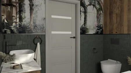 Wnętrze łazienki w stylu art deco, boho i minimaluxe z zielonymi płytkami i drewnianymi akcentami.