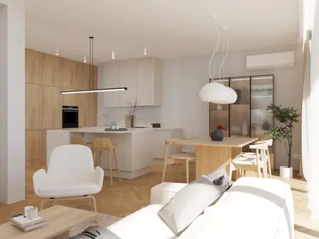 Wnętrze kuchni w stylu japandi z drewnianymi elementami i nowoczesnymi akcentami.