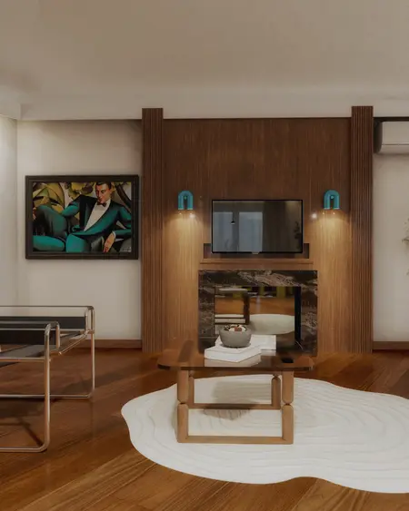 Wnętrze salonu w stylu art deco z nowoczesnym wyposażeniem.