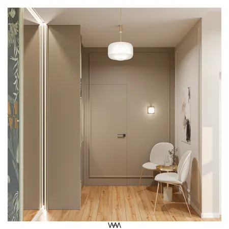 Przedpokój w stylu art deco z nowoczesnym oświetleniem i soft minimalizmem
