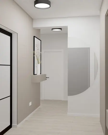 Przedpokój minimalistyczny z nowoczesnym oświetleniem, dużym lustrem i drewnianą podłogą.