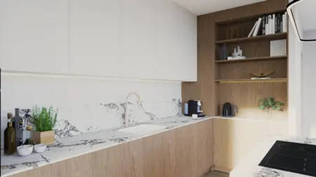 Wnętrze kuchni w stylu japandi i minimalistycznym z drewnianymi akcentami.