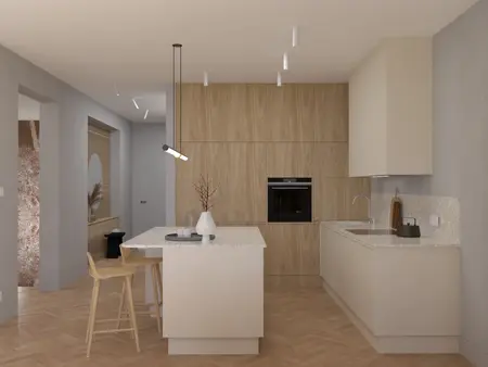 Kuchnia w stylu japandi z jasnymi meblami i drewnianymi detalami