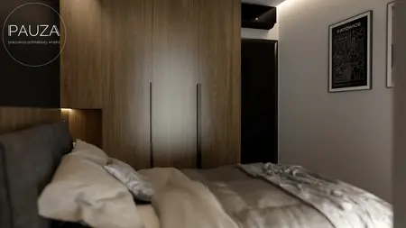 Wnętrze sypialni z drewnianą szafą, szaro-beżowymi pościelami i nowoczesnym oświetleniem.