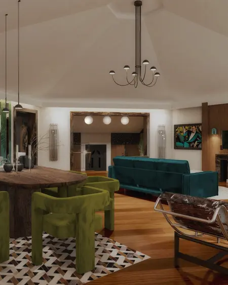 Wnętrze jadalni w stylu art deco z zielonymi krzesłami i drewnianym stołem.