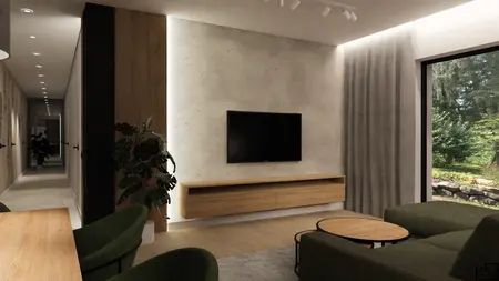 Nowoczesny salon z zielonymi fotelami i drewnianym stolikiem.