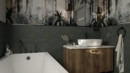 Łazienka w stylu art deco i boho z zieloną glazurą oraz drewnianą szafką.