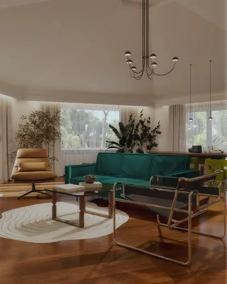 Wnętrze z zieloną sofą, drewnianym stołem i roślinami, styl art deco, quiet luxury, współczesny.