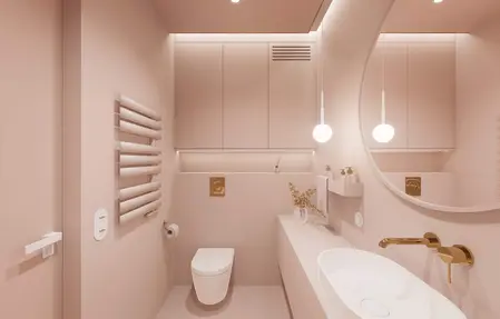 Minimalistyczna łazienka w stylu japandi z nowoczesnymi akcentami.