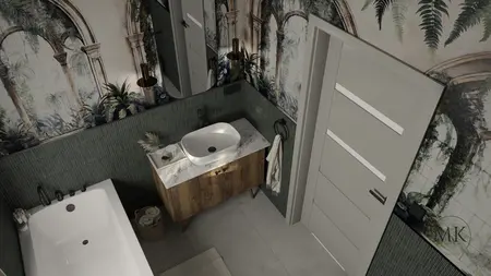 Wnętrze łazienki w stylu art deco i boho z nowoczesnym umywalką.