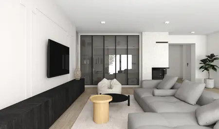 Wnętrze salonu w stylu eklektycznym z nowoczesnym narożnikiem i minimalistycznymi dodatkami.