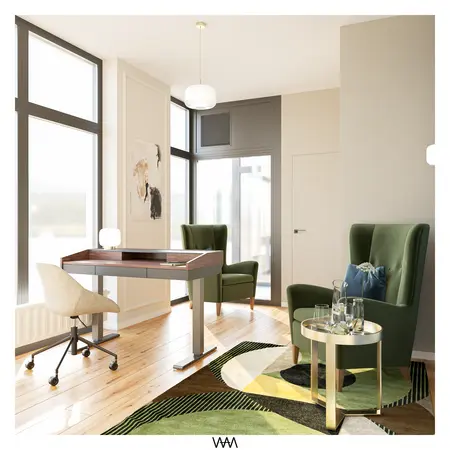 Nowoczesne biuro z art deco i soft minimalizm. Zielone fotele i drewniane biurko.