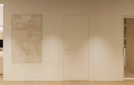Minimalistyczne wnętrze z obrazem i drzwiami w stylu japandi, nowoczesnym i quiet luxury.
