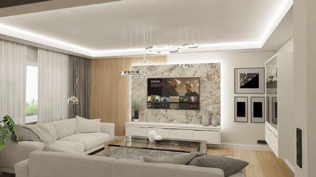 Stylowy salon z białą sofą, marmurową ścianą i nowoczesnym oświetleniem w stylu glamour.