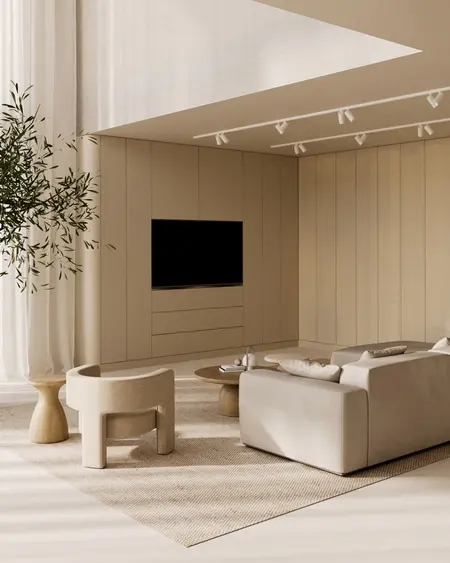 Wnętrze minimalistycznego salonu w stylu soft minimalizm z beżowymi meblami.