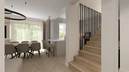 Wnętrze jadalni w stylu art deco i glamour z drewnianym stołem i nowoczesnymi krzesłami.