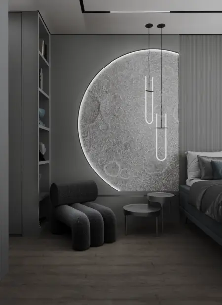 Minimalistyczna sypialnia skandynawska z szarymi ścianami i designerskimi meblami.