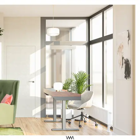 Wnętrze biura w stylu art deco i soft minimalizm z zieloną sofą.