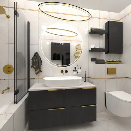 Nowoczesna łazienka z elementami glamour i industrialnymi, czarna szafka, okrągłe lustro.