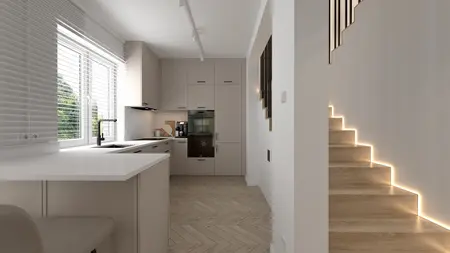 Nowoczesna kuchnia w stylu art deco i glamour z beżowymi meblami i jasnym blatem.