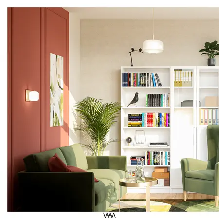 Wnętrze salonu w stylu art deco i soft minimalizm z zielonymi sofami.