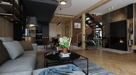 Wnętrze salonu w stylu industrialnym z kominkiem i drewnianymi akcentami.