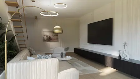 Wnętrze nowoczesnego salonu z jasną sofą i telewizorem