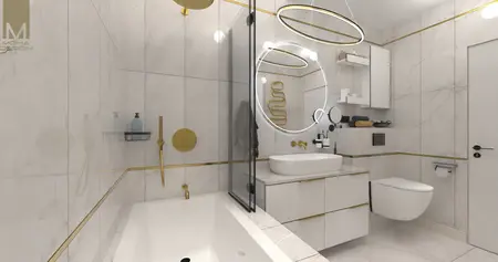 Nowoczesna łazienka w stylu boho z elementami glamour i industrialnymi.