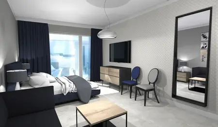 Wnętrze nowoczesnego pokoju z szarymi i niebieskimi akcentami, elementy dopamine decor, industrialny, japandi.