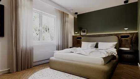 Wnętrze sypialni w stylu eklektycznym i skandynawskim z zieloną ścianą i beżowym łóżkiem.