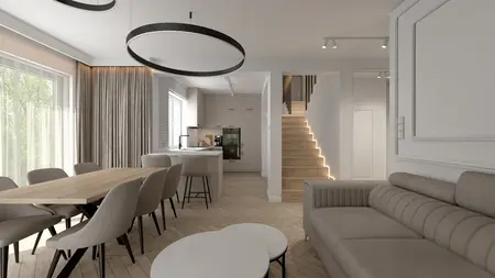 Wnętrze jadalni z drewnianym stołem, jasnymi krzesłami i nowoczesnymi lampami, art deco, glamour.