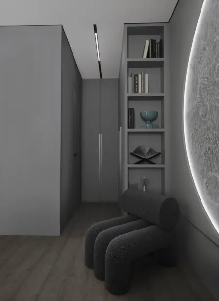 Minimalistyczne wnętrze z szarymi meblami i skandynawskim akcentem.
