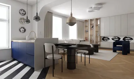 Wnętrze kuchni w stylu art deco i nowoczesnym z niebieskimi meblami i drewnianymi akcentami.