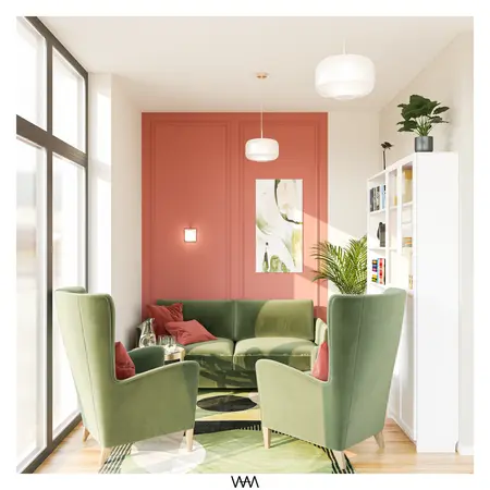 Wnętrze salonu w stylu art deco z zielonymi meblami i nowoczesnymi akcentami