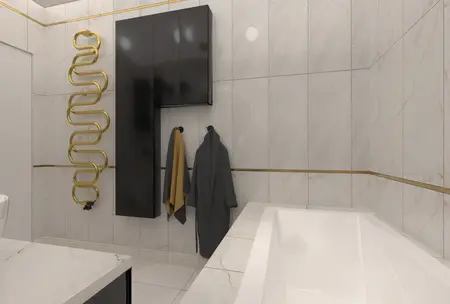 Wnętrze łazienki z czarnymi meblami, złotymi detalami i nowoczesnym wykończeniem. Styl: boho, glamour, industrialny.
