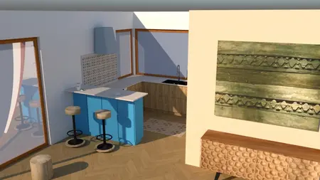 Wnętrze eklektycznej kuchni z niebieskimi meblami i drewnianymi detalami.