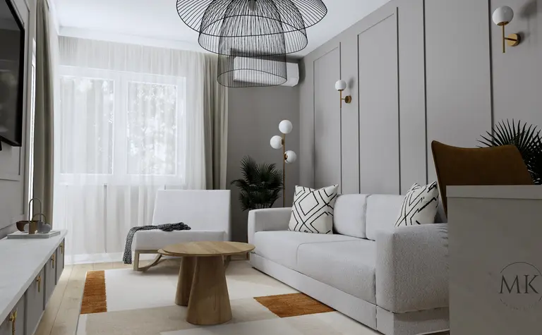 Wnętrze salonu w stylu art deco i skandynawskim z szarością i drewnem.