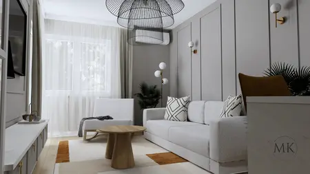 Wnętrze salonu w stylu art deco i skandynawskim z szarością i drewnem.