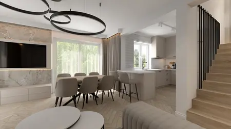 Wnętrze jadalni w stylu art deco i glamour z drewnianym stołem i nowoczesnymi krzesłami.