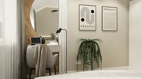 Minimalistyczne biuro z drewnianymi akcentami i roślinami.