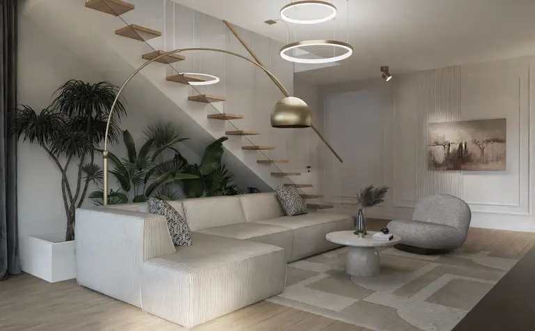 Wnętrze nowoczesnego salonu z jasną sofą, roślinami i designerskimi lampami.