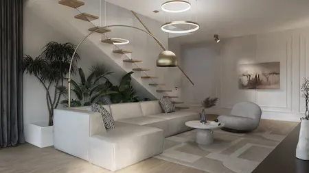 Wnętrze nowoczesnego salonu z jasną sofą, roślinami i designerskimi lampami.